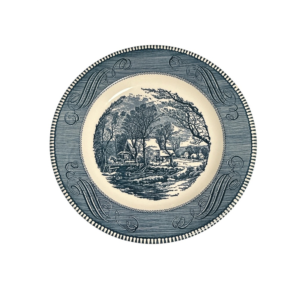 Royal Currier and Ives The Old Grist Mill Blue White Dinner Plate 10 inch USA